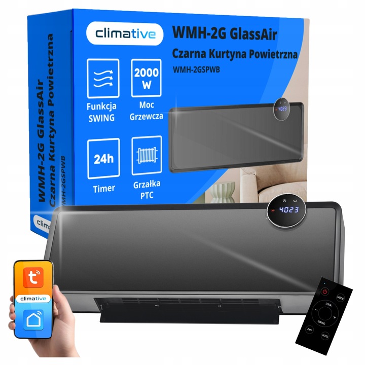 Kurtyna powietrzna szklana GlassAir 2000W grzejnik elektryczny WiFi