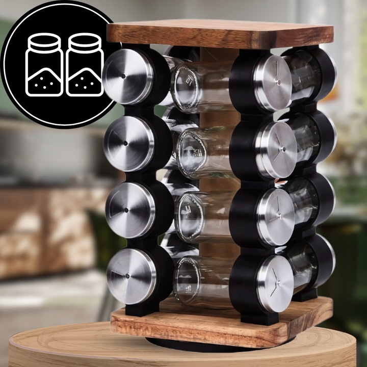 POJEMNIKI NA PRZYPRAWY STOJAK PRZYPRAWNIK OBROTOWY Drewniany 16 SŁOICZKÓW