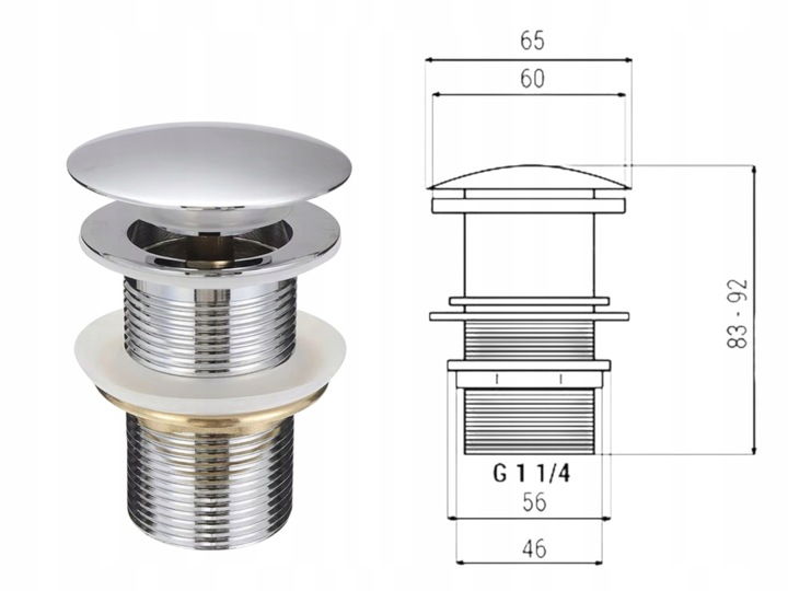 Korek Umywalkowy BEZ Przelewu Automatyczny "Klik Klak" Srebrny chrom połysk