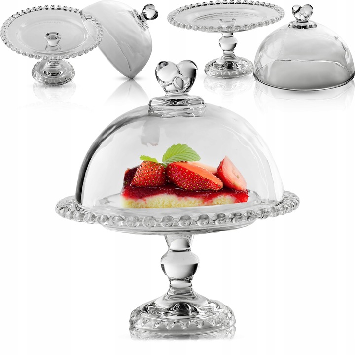 PATERA SZKLANA Z KLOSZEM I NÓŻKĄ 19,5CM NA CIASTO DESER SERY DO SERWOWANIA