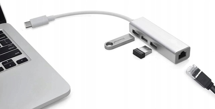 Przejściówka HUB USB-C Fast Ethernet 3x USB 3.0 RJ45 Adapter Kabel RJ-45