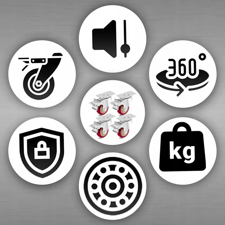 KÓŁKA OBROTOWE 75mm 200kg Z HAMULCEM GUMOWE ZESTAW JEZDNY WÓZKA 4 SZT