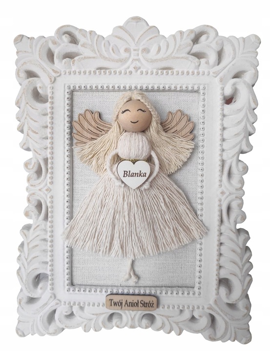 ANIOŁEK MAKRAMA W RAMCE OZDOBNEJ PAMIĄTKA CHRZTU ŚWIĘTEGO UPOMINEK HIT