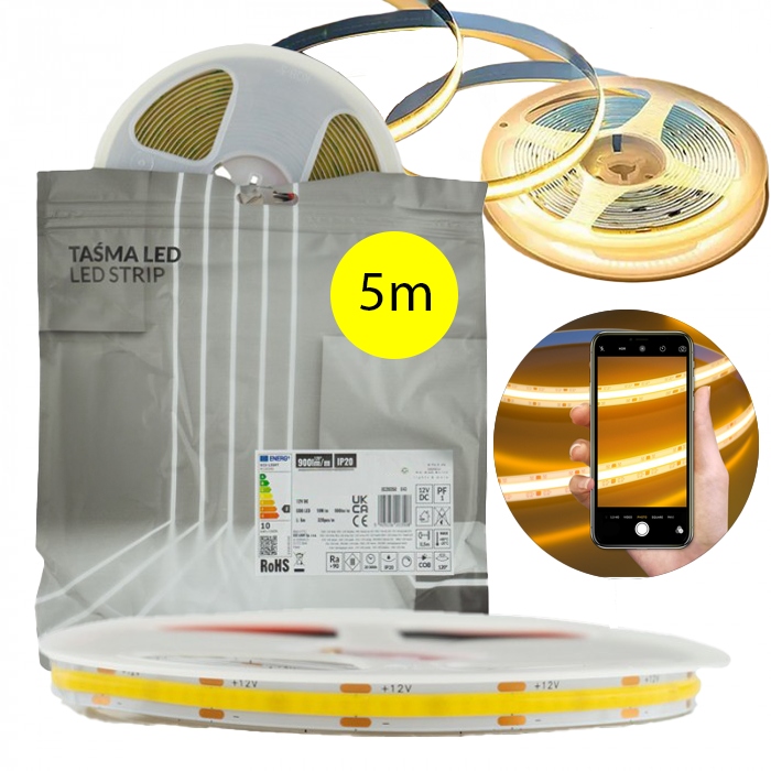 Taśma LED COB 12V 5M rolki NEON linia biała ciepła 3000k 900lm/m 10W