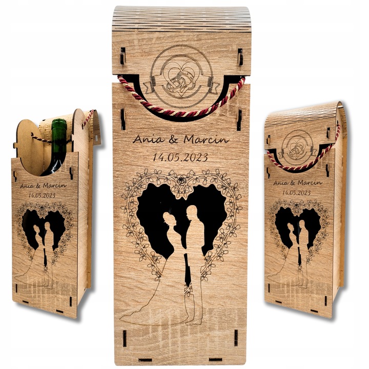 DREWNIANE PUDEŁKO NA WINO ŚLUB SKRZYNIA Z GRAWEREM PREZENT WESELE