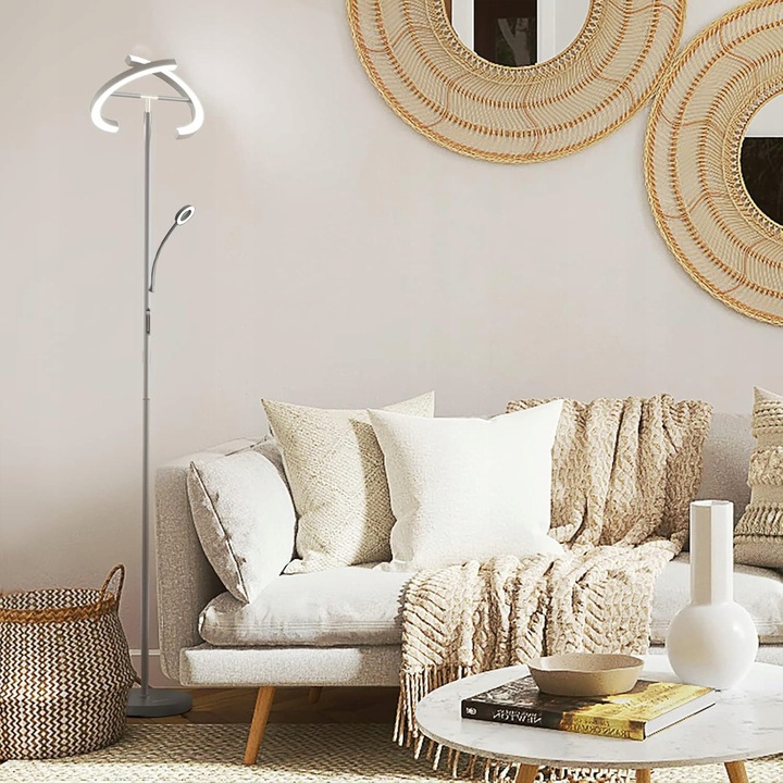 Lampa Stojąca LED Podłogowa Srebrna do Salonu Z Pilotem i Elastyczną