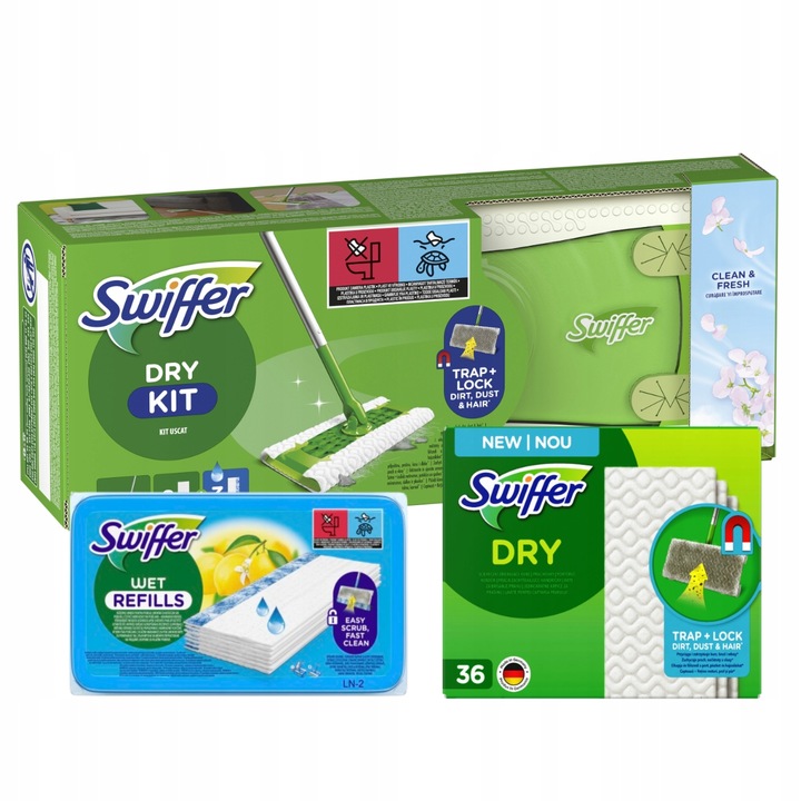 Zestaw Swiffer Dry+Wet Kit + mokre chusteczki 20szt, suche ściereczki 36szt