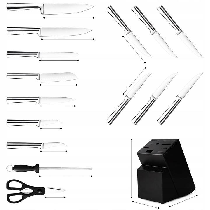ZESTAW KOMPLET 16 NOŻY KUCHENNYCH STALOWYCH OSTRE W BLOKU STOJAK +