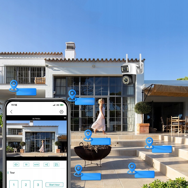 PODWÓJNA KAMERA WIFI IP SMART ZEWNĘTRZNA OBROTOWA QHD 2x 4MP ZOOM APLIKACJA