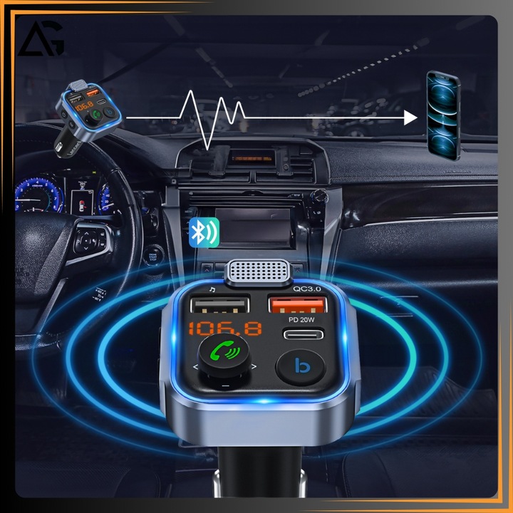 TRANSMITER BLUETOOTH SAMOCHODOWY FM USB 3.0A + 1.0A QC USB-C ŁADOWARKA