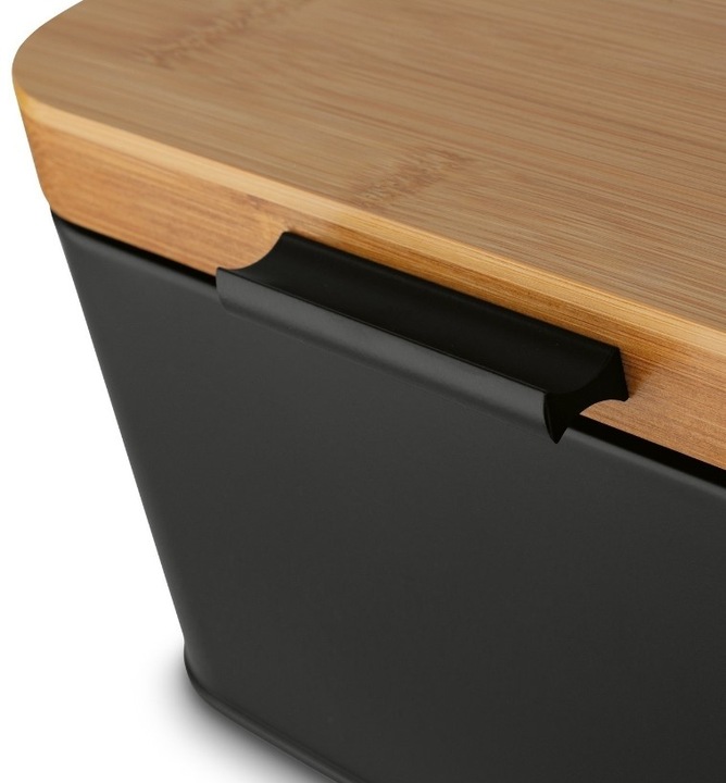 CHLEBAK STALOWY Z POKRYWA BAMBUSOWA POJEMNIK NA PIECZYWO CHLEB BUŁKI Czarny