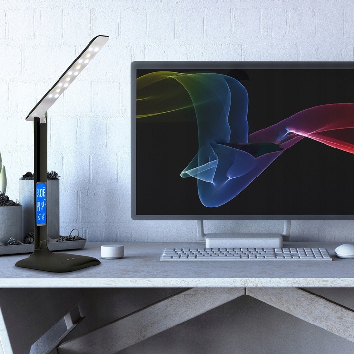 LAMPKA LED BIURKOWA SZKOLNA BIURKO WYŚWIETLACZ LCD ZEGAR DATA TEMPERATURA