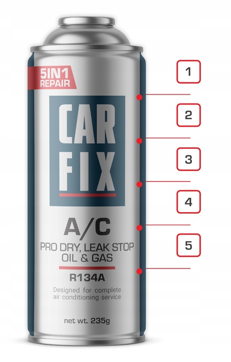 GAZ DO KLIMATYZACJI R134A CARFIX Czynnik Olej Uszczelniacz Osuszacz 5w1