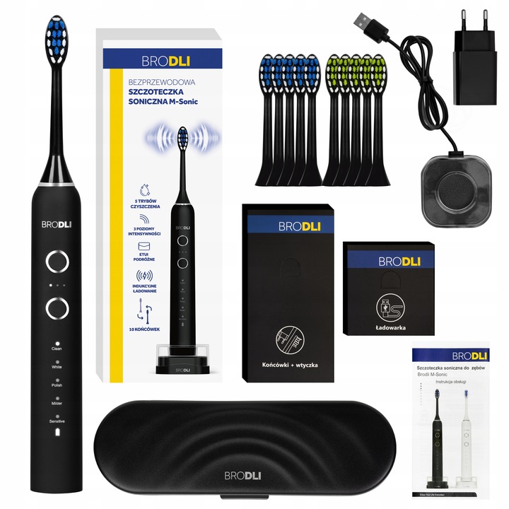 SZCZOTECZKA SONICZNA DO ZĘBÓW ELEKTRYCZNA CZARNA 10 KOŃCÓWEK INDUKCJA