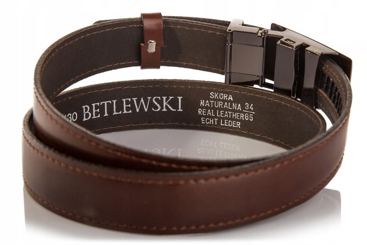 Pasek skórzany męski Betlewski brązowy klamra automat prezent + certyfikat