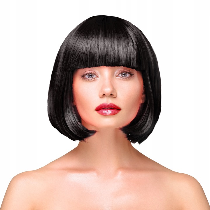 PERUKA BOB krótka prosta do ramion CZARNA imprezowa włosy grzywka