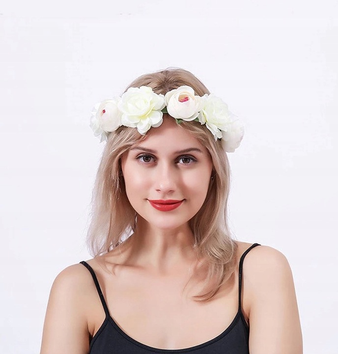 OPASKA WIANEK NA GŁOWĘ BOHO DRUCIK BIAŁE KWIATY PANIEŃSKI ŚLUBNY KOMUNIA