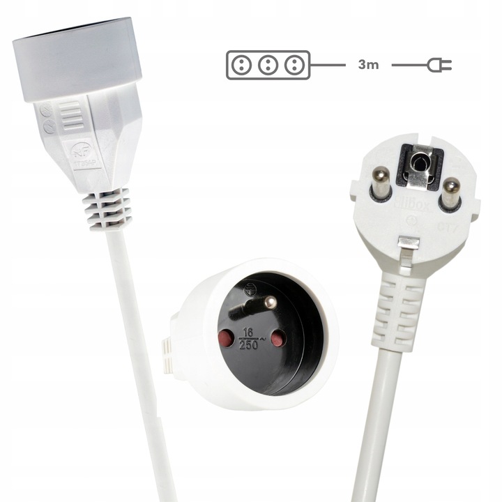 PRZEDŁUŻACZ SIECIOWY AGD MOCNY POJEDYŃCZY KABEL ELEKTRYCZNY 1 GNIAZDO 3 M