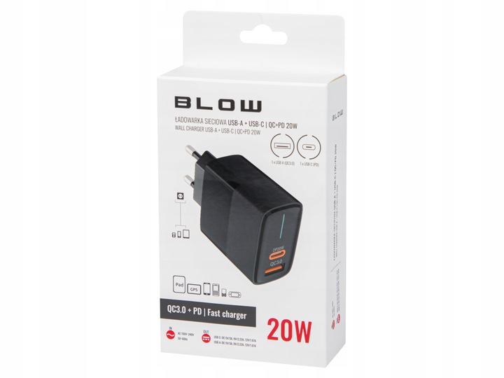 SZYBKA ŁADOWARKA SIECIOWA GNIAZDO USB + USB-C QC+PD 20W + KABEL USB-C 1m