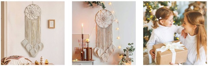 MAKRAMA NA ŚCIANĘ BOHO ŁAPACZ SNÓW OZDOBA ŚCIENNA ZE SZNURKA LIŚCIE OZDOBNE