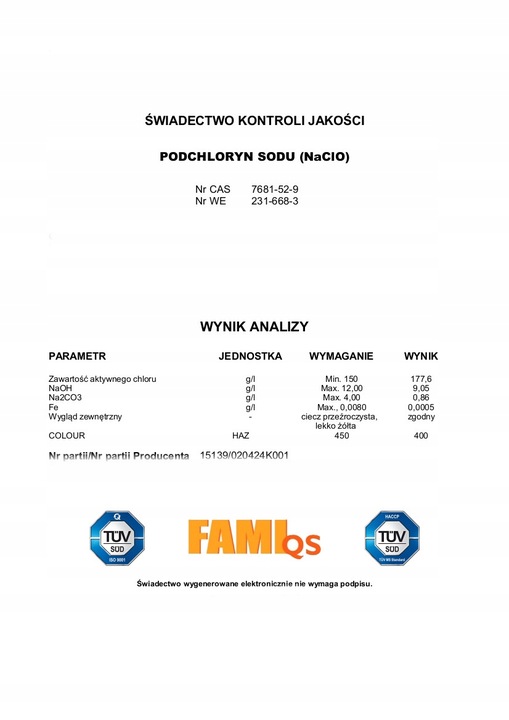CHLOR płynny PODCHLORYN SODU 15 % do basenu 6 kg 5 l GRZYBOBÓJCZY DO