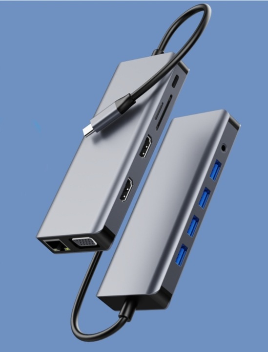ADAPTER HUB Stacja Dokująca 12w1 USB-C 2x HDMI VGA USB Jack SD Ethernet LAN