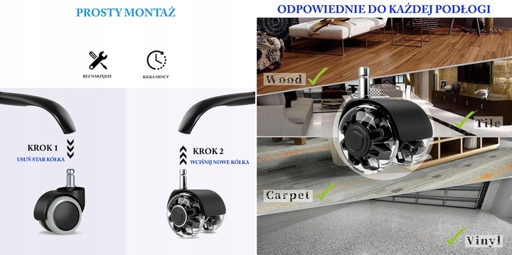 KÓŁKA DO FOTELA Obrotowego Krzesła Kauczukowe Gumowe Silikonowe 11mm