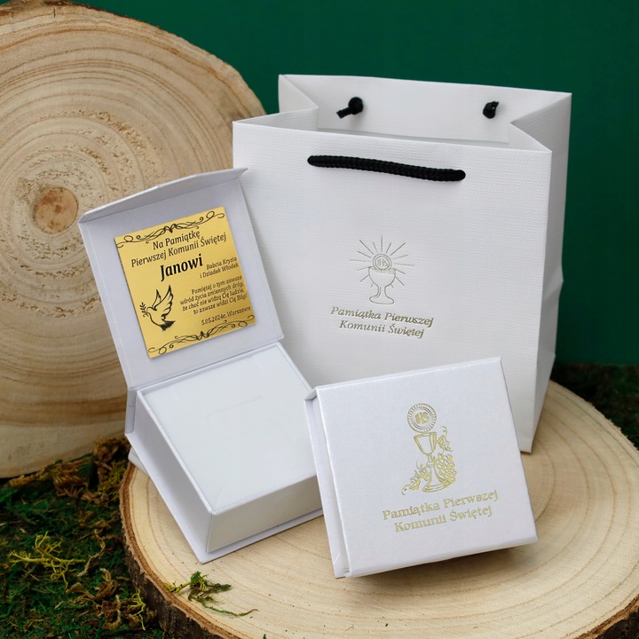 PAMIĄTKA KOMUNII ŚWIĘTEJ / PUDEŁKO NA KOMUNIĘ + TOREBKA + GRAWER DEDYKACJA