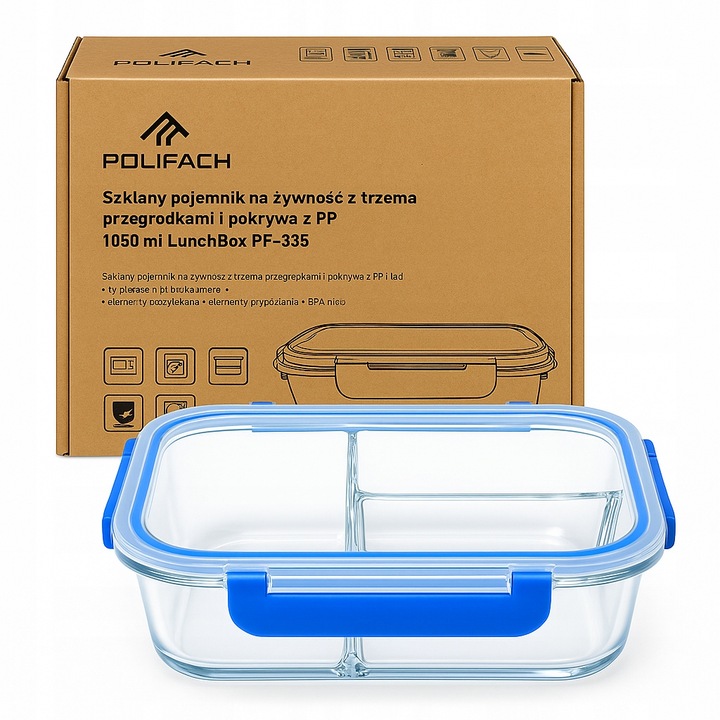 LUNCHBOX POJEMNIK SZKLANY NA ŻYWNOŚĆ 3-komorowy śniadaniówka 1050 ml