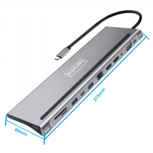 STACJA DOKUJĄCA HUB ADAPTER USB-C 12w1 RJ45 2x HDMI 4K ETHERNET VGA USB 3.0