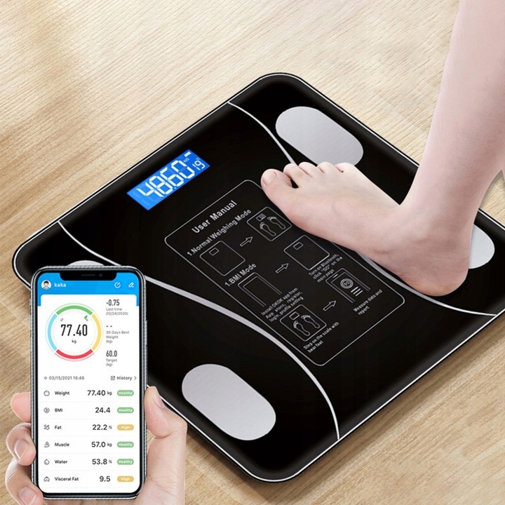 WAGA ŁAZIENKOWA BLUETOOTH SMART 25w1 180Kg ANALITYCZNA INTELIGENTNA + METR