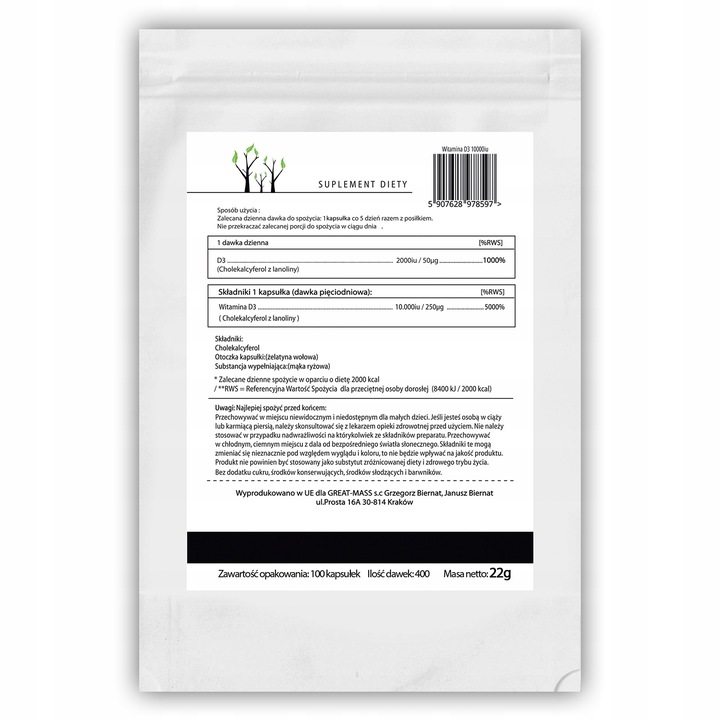 FOREST WITAMINA D3 10000iu 100 kaps MOCNA ZDROWIE