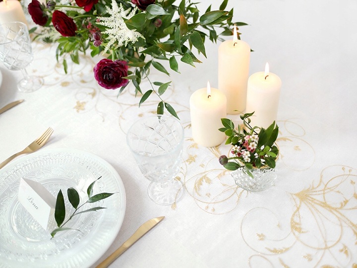 Organza Bieżnik Kremowa Złoty Wzór Dekoracja Stołu Komunia Chrzest Wesele