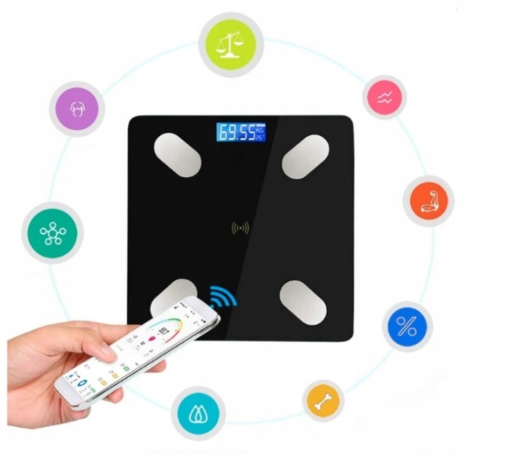 WAGA ŁAZIENKOWA BLUETOOTH SMART INTELIGENTNA ANALITYCZNA BMI DO 180KG