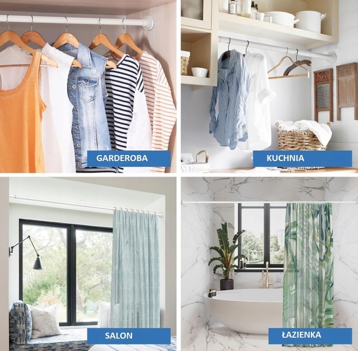 DRĄŻEK ROZPOROWY DO SZAFY PRALNI ZASŁON GARDEROBY REGULOWANY 50-80cm BIAŁY