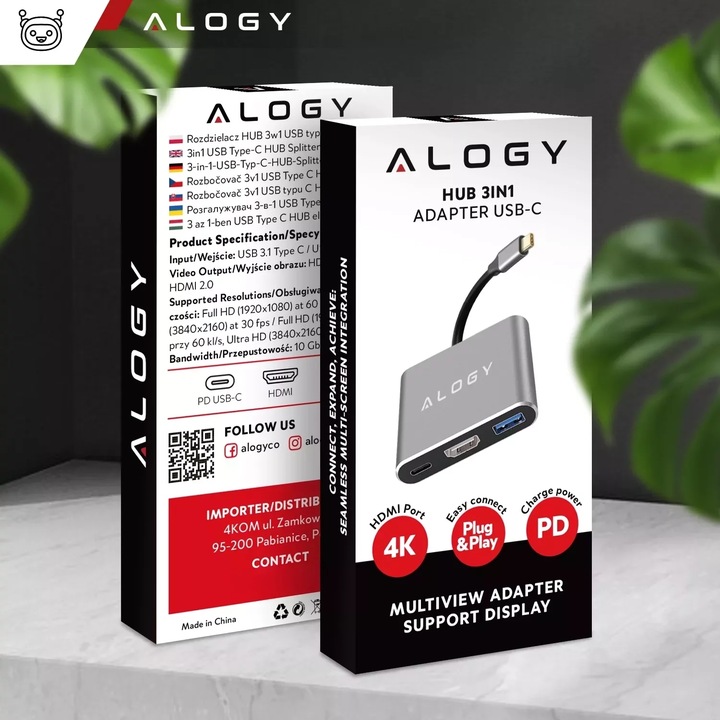 Adapter Przejściówka ALOGY 3w1 MHL HUB USB C HDMI PD do MacBook Samsung