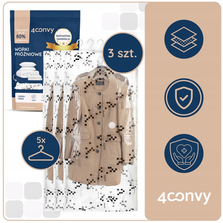 4CONVY 3x Wiszący worek próżniowy na ubrania z wieszakiem 70x140