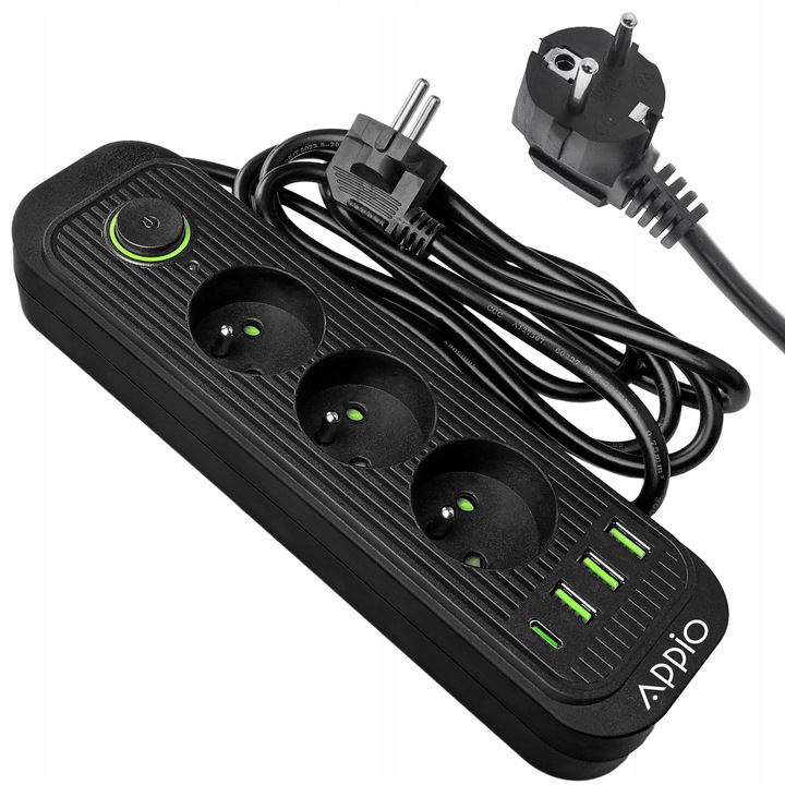 PRZEDŁUŻACZ APPIO listwa zasilająca 2m 3 gniazda + 3x USB + 1x USB C