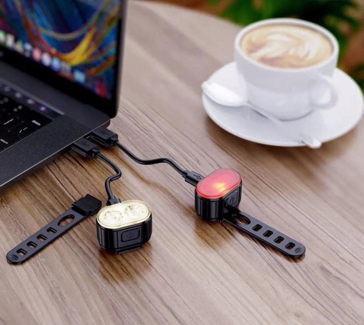 LAMPKA ROWEROWA PRZÓD TYŁ NA KIEROWNICĘ WODOODPORNE LED USB AKU