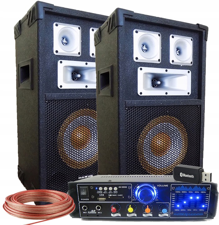 NAGŁOŚNIENIE KOLUMNY GŁOŚNIKOWE 400W + WZMACNIACZ BLUETOOTH USB SD + KABLE