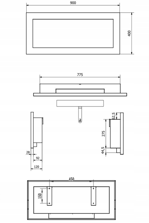 Biokominek WISZĄCY 90cm NAŚCIENNY czarny do ZABUDOWY