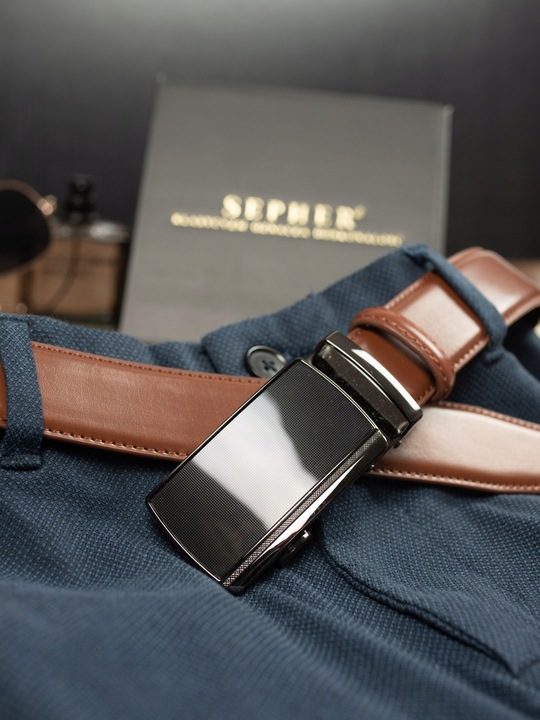 Pasek SKÓRZANY Męski Automat JASNY BRĄZOWY spodni