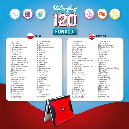 LAPTOP EDUKACYJNY DLA DZIECI KINDERPLAY NAUKA LICZENIA LITERKI GRY 120