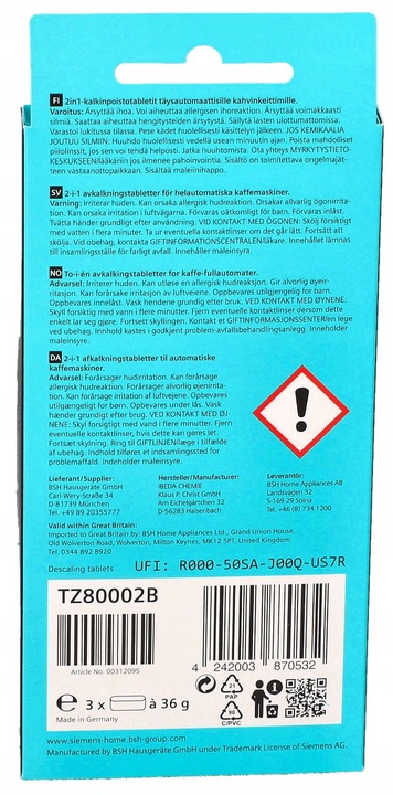Tabletki do odkamieniania czyszczenia ekspresu Siemens TZ80002 2w1