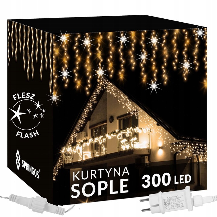 LAMPKI SOPLE CHOINKOWE 300LED KURTYNA ŚWIETLNA FLASH LED ZEWNĘTRZNY TIMER