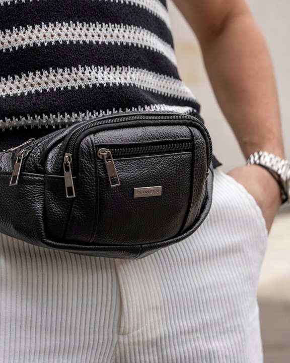 Saszetka męska nerka elegancka ze skóry naturalnej na pasku skórzana