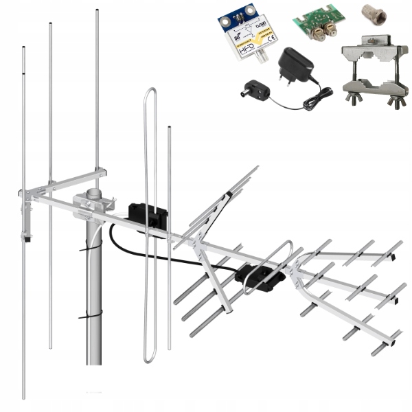 Antena TV UHF VHF Tri Digit Combo H/V DVB-T2 LNA-169 38dBi MUX-8 Dipol