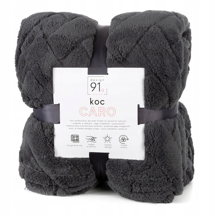 Koc 170x210 CARO stalowy puszysty typu flano z wytłaczanym wzorem