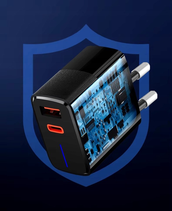 SZYBKA ŁADOWARKA SIECIOWA GNIAZDO USB + USB-C QC+PD 20W + KABEL USB-C 1m