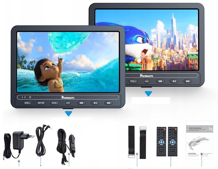 PRZENOŚNE DVD SAMOCHODOWE 2 ODTWARZACZE BN1205B USB SD 10,5" AKU